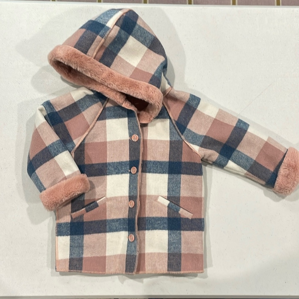 Mayoral girls plaid fur lined hooded coat, pink/blue, 
size 3
